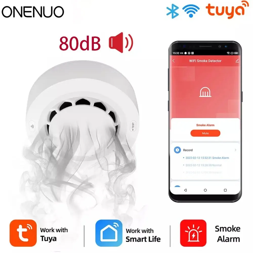 ONENUO-Détecteur de fumée WiFi Tuya, capteur photoélectrique, alarme incendie, système de sécurité domestique et de cuisine, fonctionne avec Smart Life