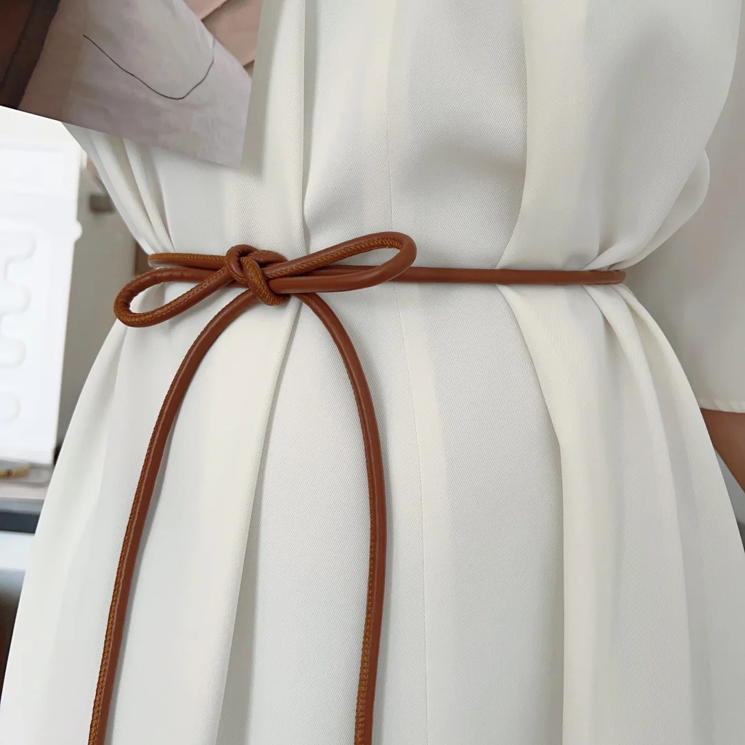 Cinto de couro de microfibra feminino cordão redondo adornado com nó, vestido arco versátil