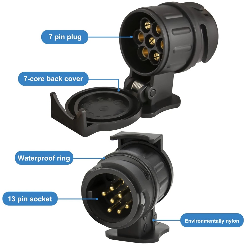 Adaptador de remolque de 13 pines a 7 pines, remolque, caravana, camión, barra de remolque, adaptador de enchufe de coche, conector convertidor de enchufe eléctrico impermeable de 12V