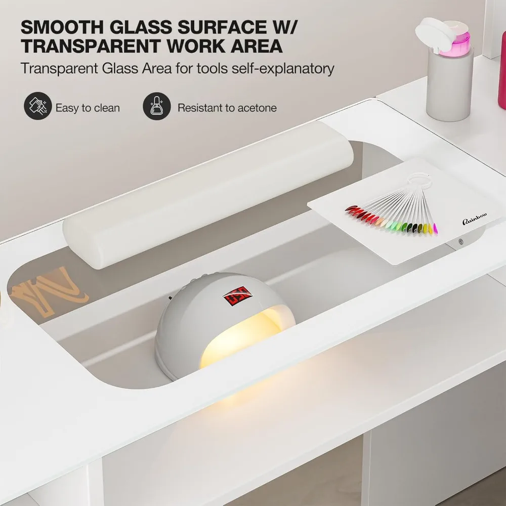 Manicure Table with LED Light, L-Shaped Glass Top Nail Tech Table w/2 Storage Shelves, Upwards Cabinet Door