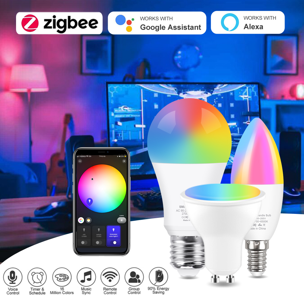 Zigbee LED-Glühbirne E27 E14 GU10 Intelligente Lampe RGB+WW+CW LED-Birne Sprachsteuerung mit Alexa, Google Home, Smartthings