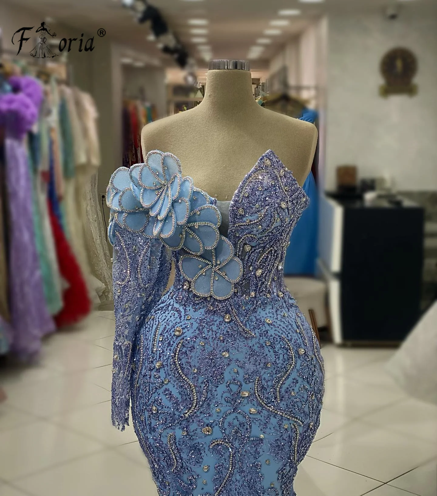Couture blau Perlen Abendkleider Langarm 3d Blumen applikationen Meerjungfrau formelle Gelegenheit Kleid Hochzeits empfang Kleid Party