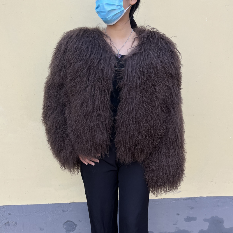 Kejinyuan echt Mongolië schapenbontjas voor dames, donkerbruin schapenbontjack
