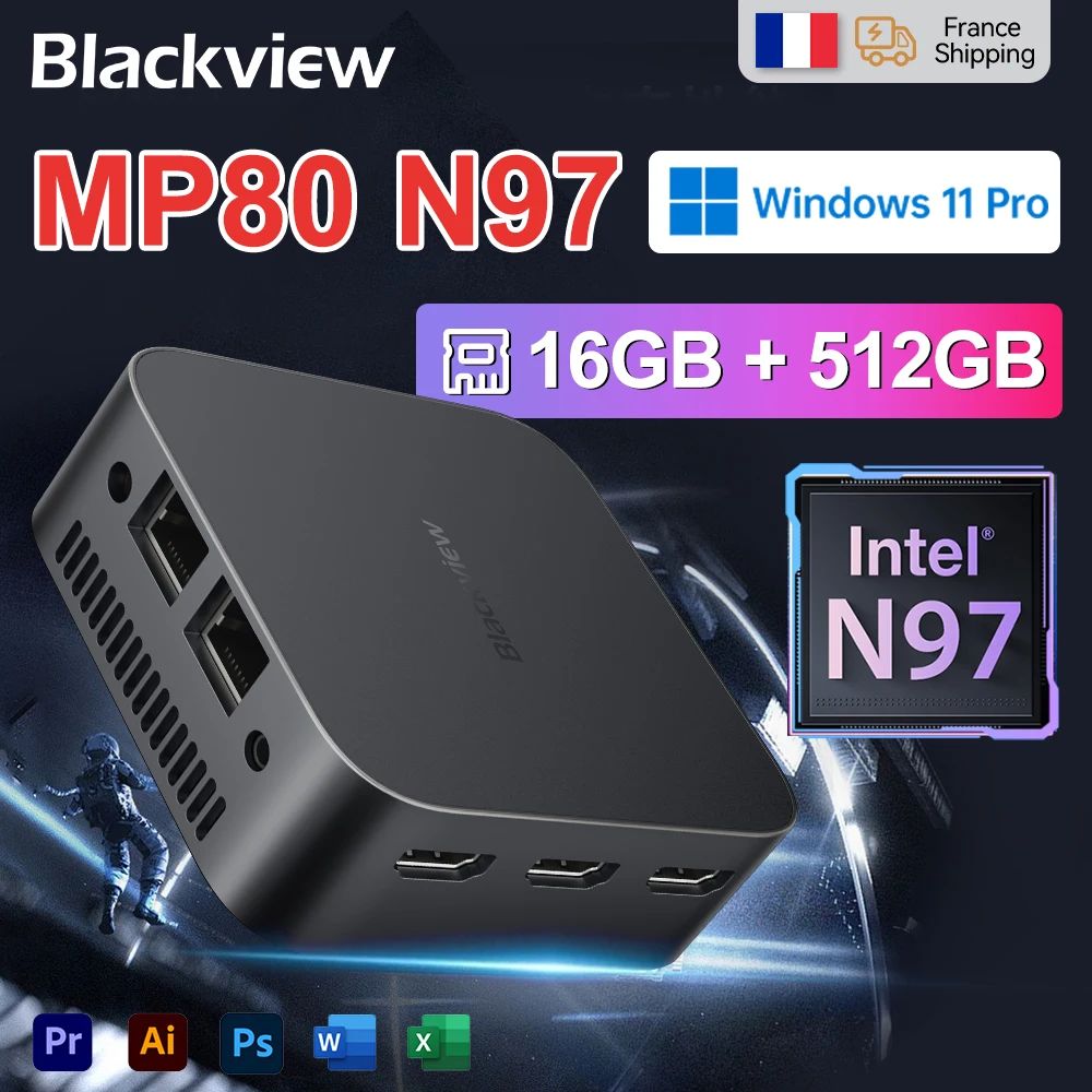 Blackview Mini PC MP80 Desktop Computer Intel Alder Lake N97 WiFi 2.4/5G USB 3.0 16GB DDR4 512GB SSD 4K HD Windows 11 Pro