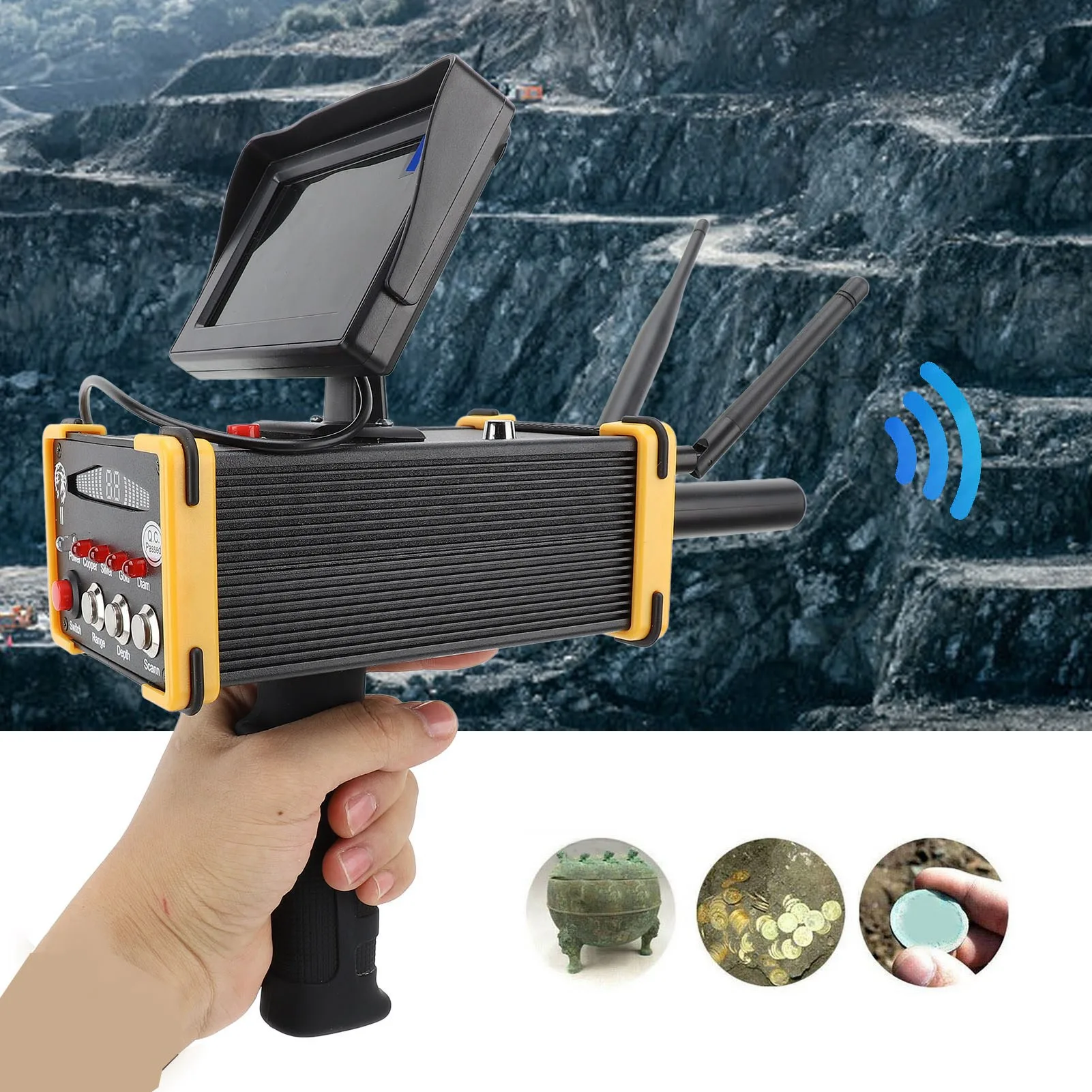 Metaalzoeker 1000 meter bereik Hoge nauwkeurigheid Metaaldetector 100-240V Schermpositionering met antenne voor goud