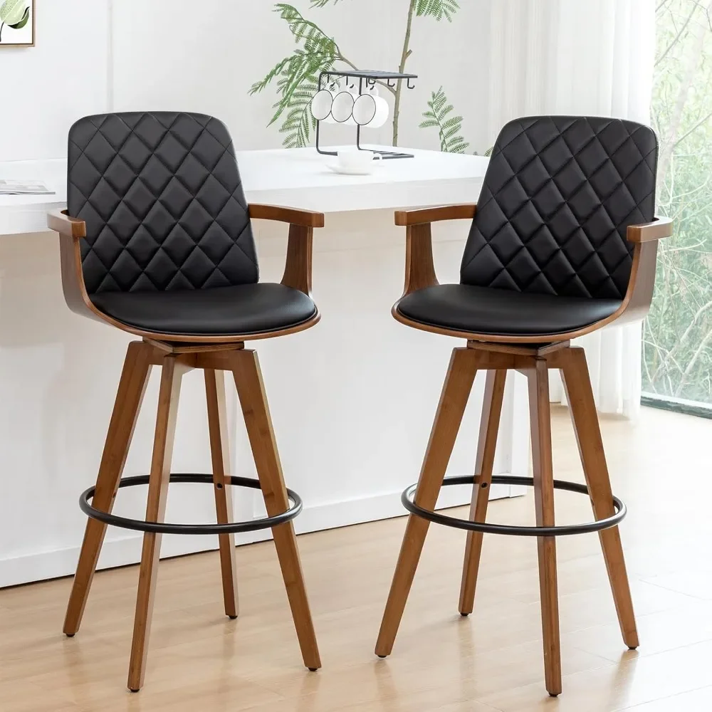 Set of 2 Bar Height Stools – 30" Swivel with Curved Back & Arms, Walnut Frame, Upholstered Seat for Kitchen or Bar Use