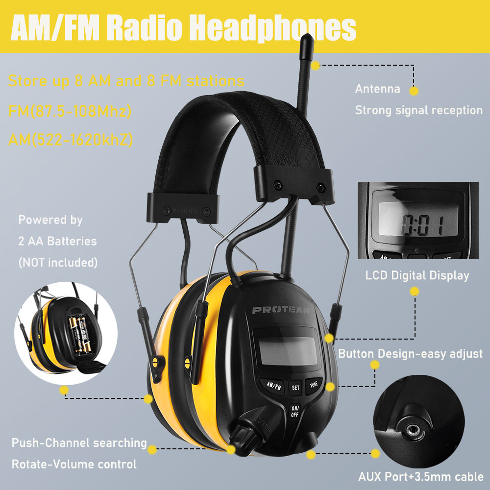 PROTEAR AM FM Radio Auriculares con pantalla digital NRR 25dB Protección auditiva Reducción de ruido Orejeras de seguridad para cortar
