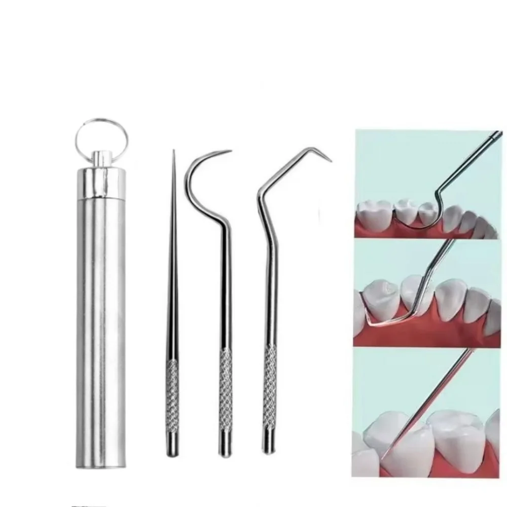 Set di stuzzicadenti in acciaio inossidabile Filo interdentale Stuzzicadenti riutilizzabili Stuzzicadenti portatile Filo interdentale Detergente per denti Pulizia orale