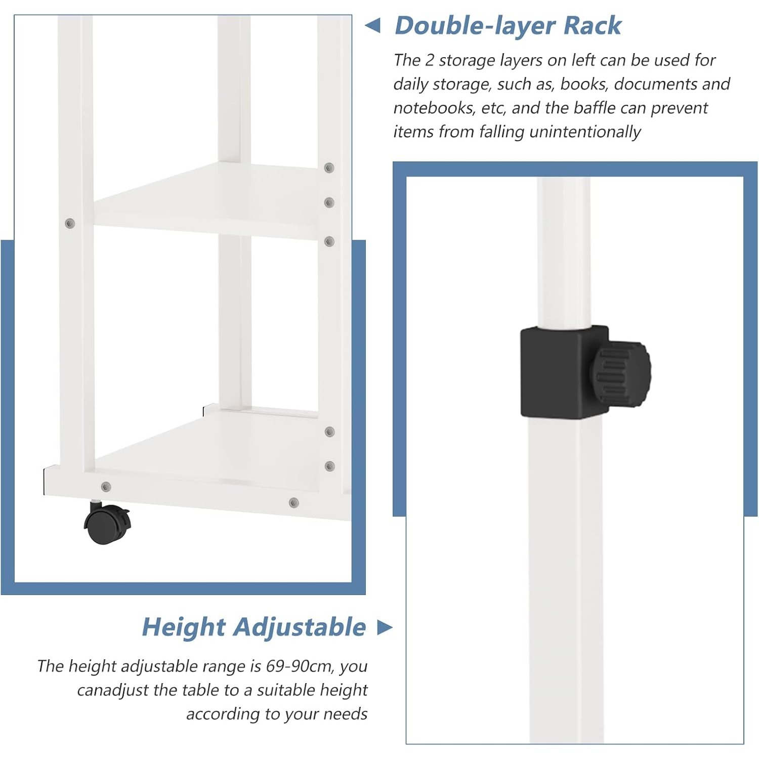 C Shaped Side Table, Sofa Couch Bed End Table, Height Adjustable Mobile Rolling Laptop table with 2 Tiers Storage Shelves