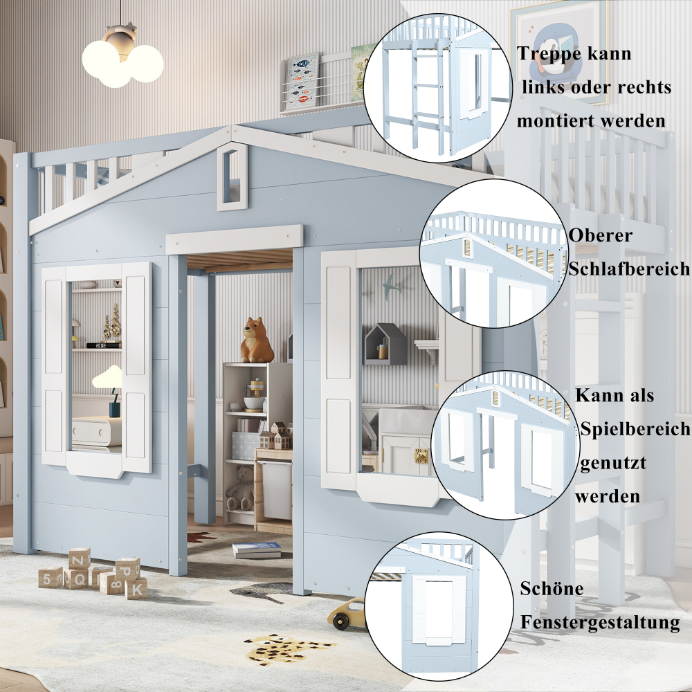 Espace de lit haut sous le lit pour un design flexible, un bel design de fenêtre, une échelle sûre et stable, pin + MDF + contreplaqué 90x200 cm