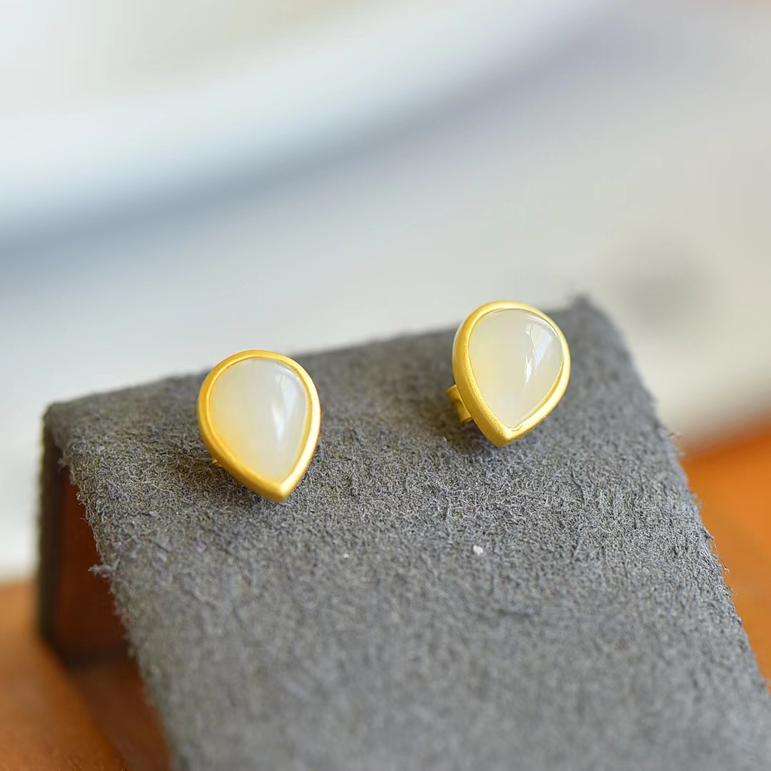 S925เงินธรรมชาติ Hetian หยกต่างหูเม็ดกลมแฟชั่นผู้หญิงต่างหูแบบห่วงเครื่องประดับของขวัญปาร์ตี้สังคมอัญมณี