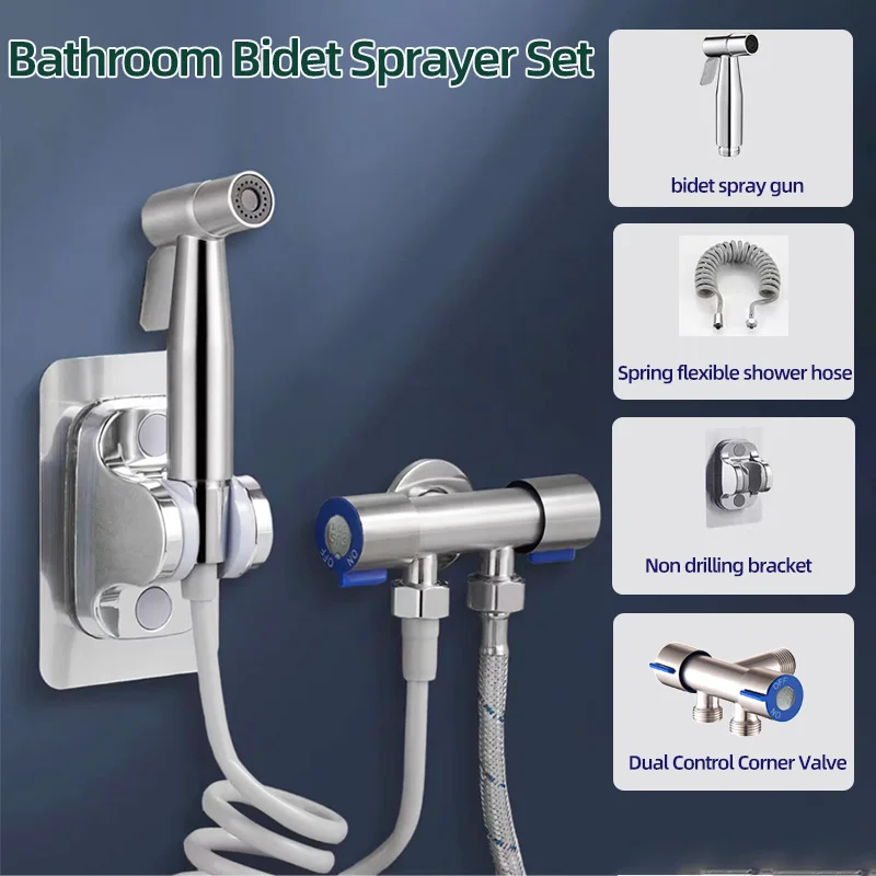 Badezimmer-WC-passendes Bidet-Sprühset, eins in zwei aus doppelter Steuerung, doppelter ausgangshahn, mit flexiblem 1,5 m langem Schlauch