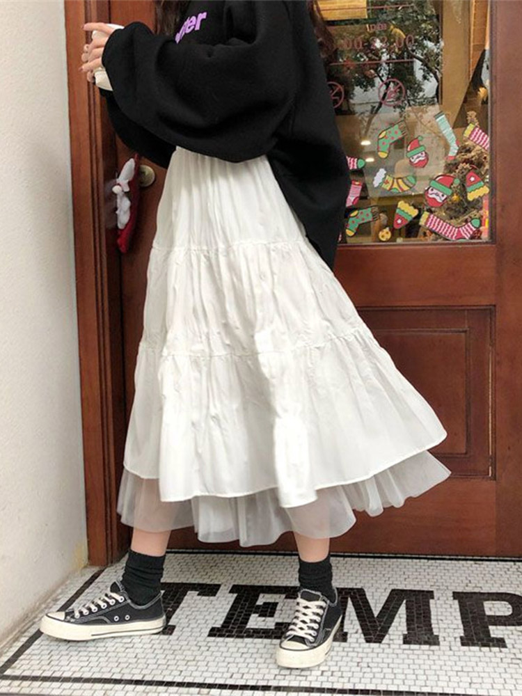 Gonne longuette lunghe in tulle da donna autunno elastico a vita alta tutù in rete gonne a pieghe gonna lunga bianca nera femminile streetwear