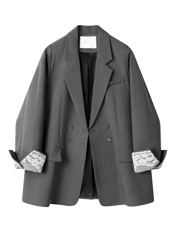 Luxus Grau Schwarz Blazer Marke Frauen Blazer Frühling Herbst Spitze Patchwork Langarm Anzug Design Büro Dame Blazer Mantel Neue