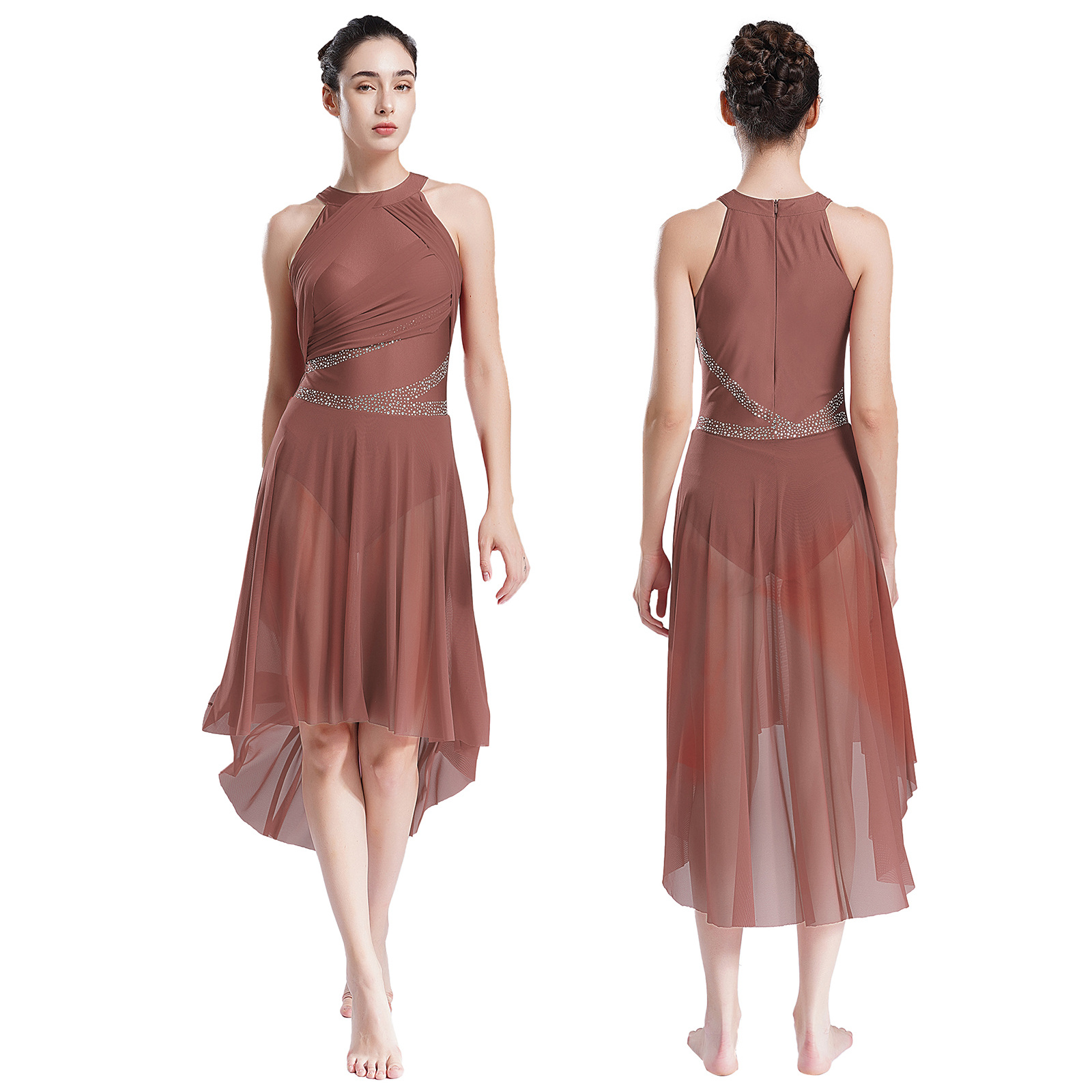 Modernes lyrisches Tanzkleid für Damen, High-Low-Tüll, Strass, Ballett, Gymnastik, Trikots, Eiskunstlauf-Performance-Kostüm