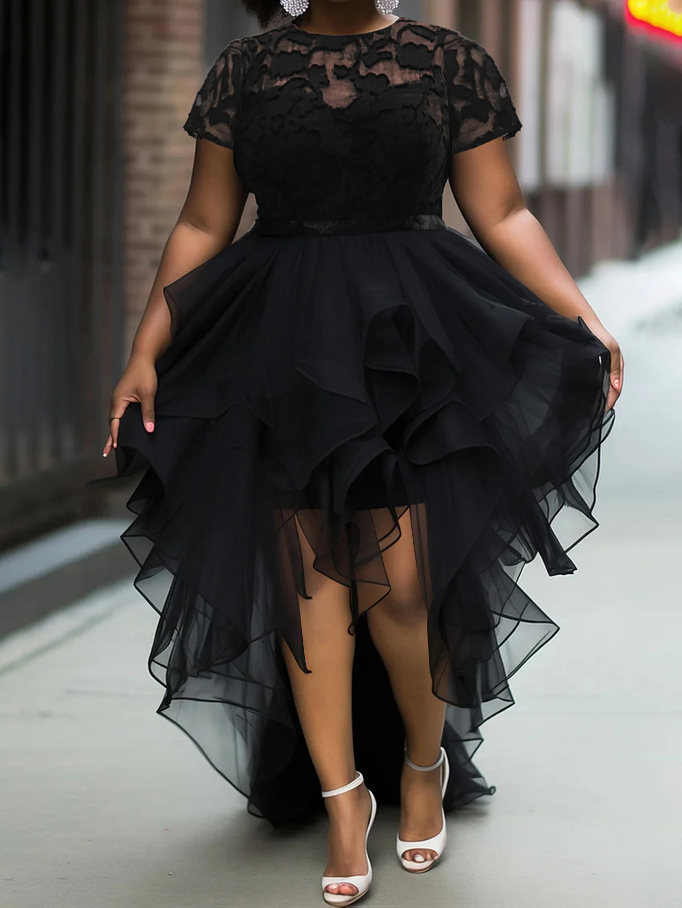 Abendkleid für Damen in Übergröße, elegant, kurzärmelig, Rundhalsausschnitt, hoher, niedriger Saum, Rüschen, Tüll, Cocktailparty, Meerjungfrau, Maxikleider