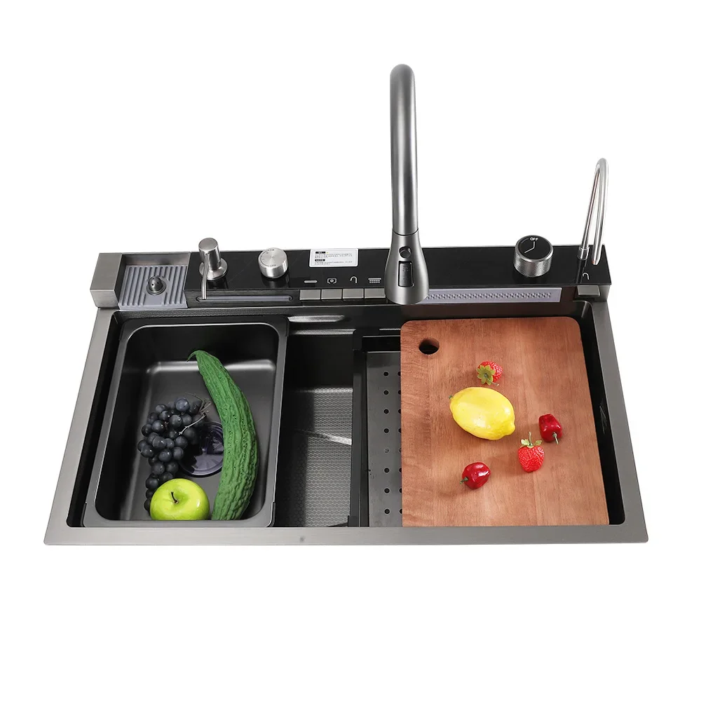 Nano 304 Aço Inoxidável Display Digital Waterfall Sink Set, Piscina de lavagem multifuncional vegetal, Pia de baleia torneira integrada