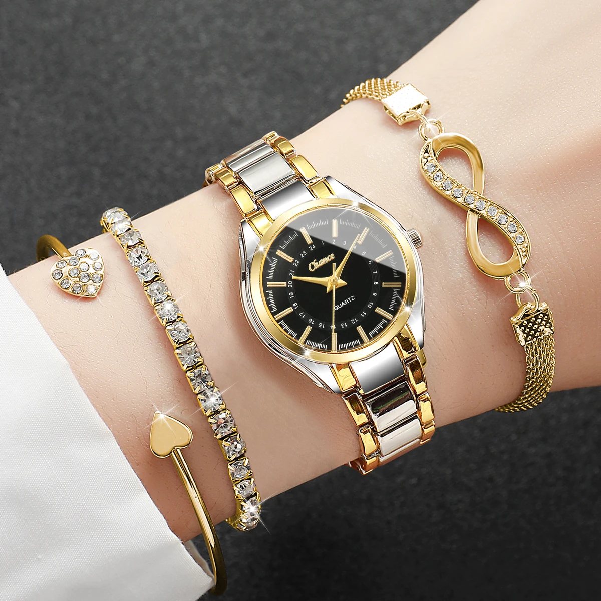 4 pçs/set moda pequeno mostrador relógios femininos senhoras luxo analógico quartzo relógio de pulso pulseiras conjunto reloj mujer (sem caixa)