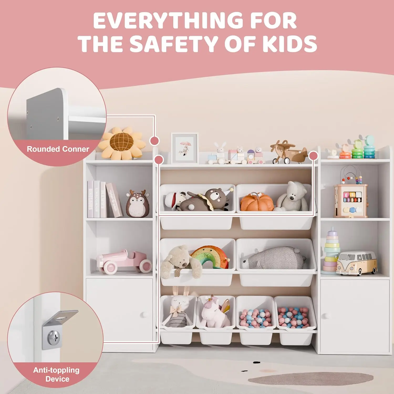 Kids Toy Storage Organizer W/8 Removable Bins, 4-Tier Organizers W/6 Storage Cubbies, Kids Bookshelf and