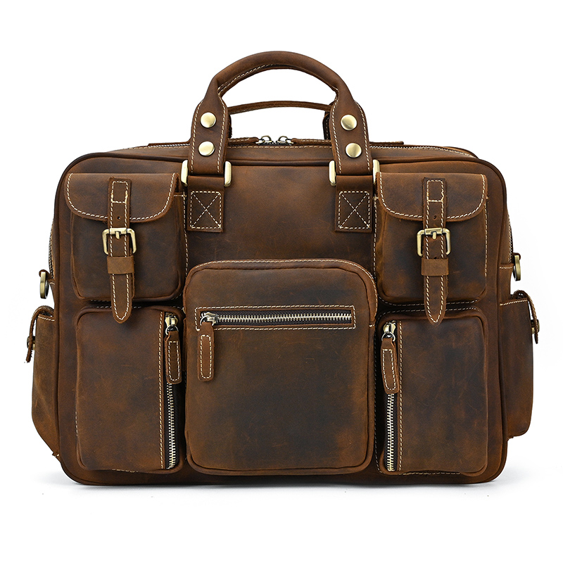Maleta de couro genuíno para homens, couro maluco vintage, bolsa grande para laptop, bolsa de negócios, bolsa de viagem, bolsa de couro