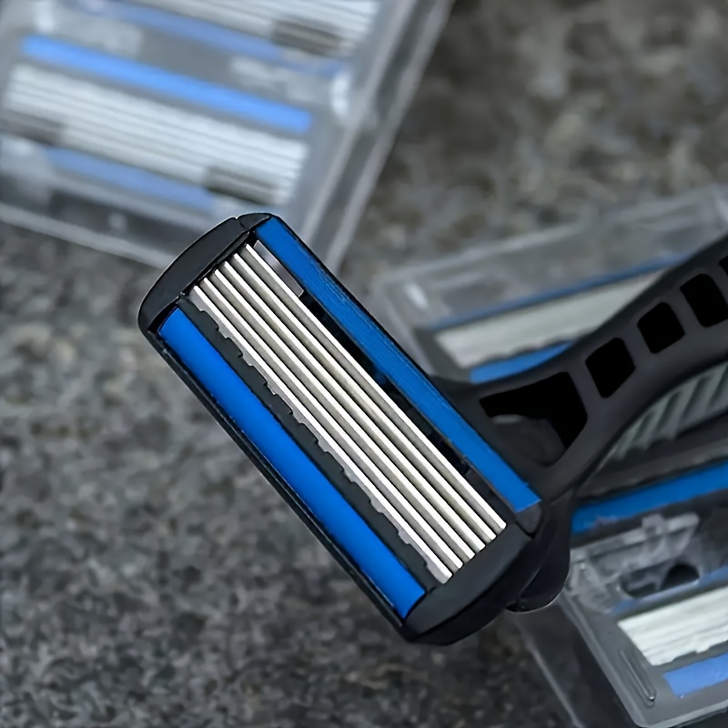 Men's 6-Blade Manual Razor with Non-Slip Handle and Multiple Replacement Blades - Ideal for Trimming Beards and Mustaches
