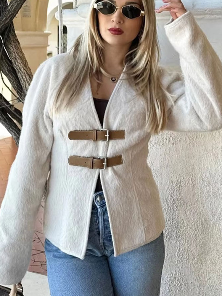 HH Retro lederen gesp wollen jas damesmode effen v-hals lange mouw beige jas herfst lente chique vrouwelijke streetwear