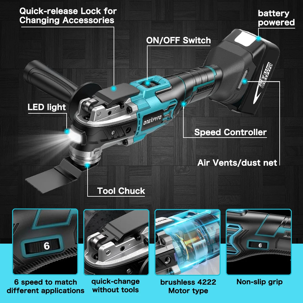 Cordless Oscillating Multi Tool 6 Gears Electric Cutting Polishing Trimming Renovator Machine for 18V Lithium-Ion Battery
