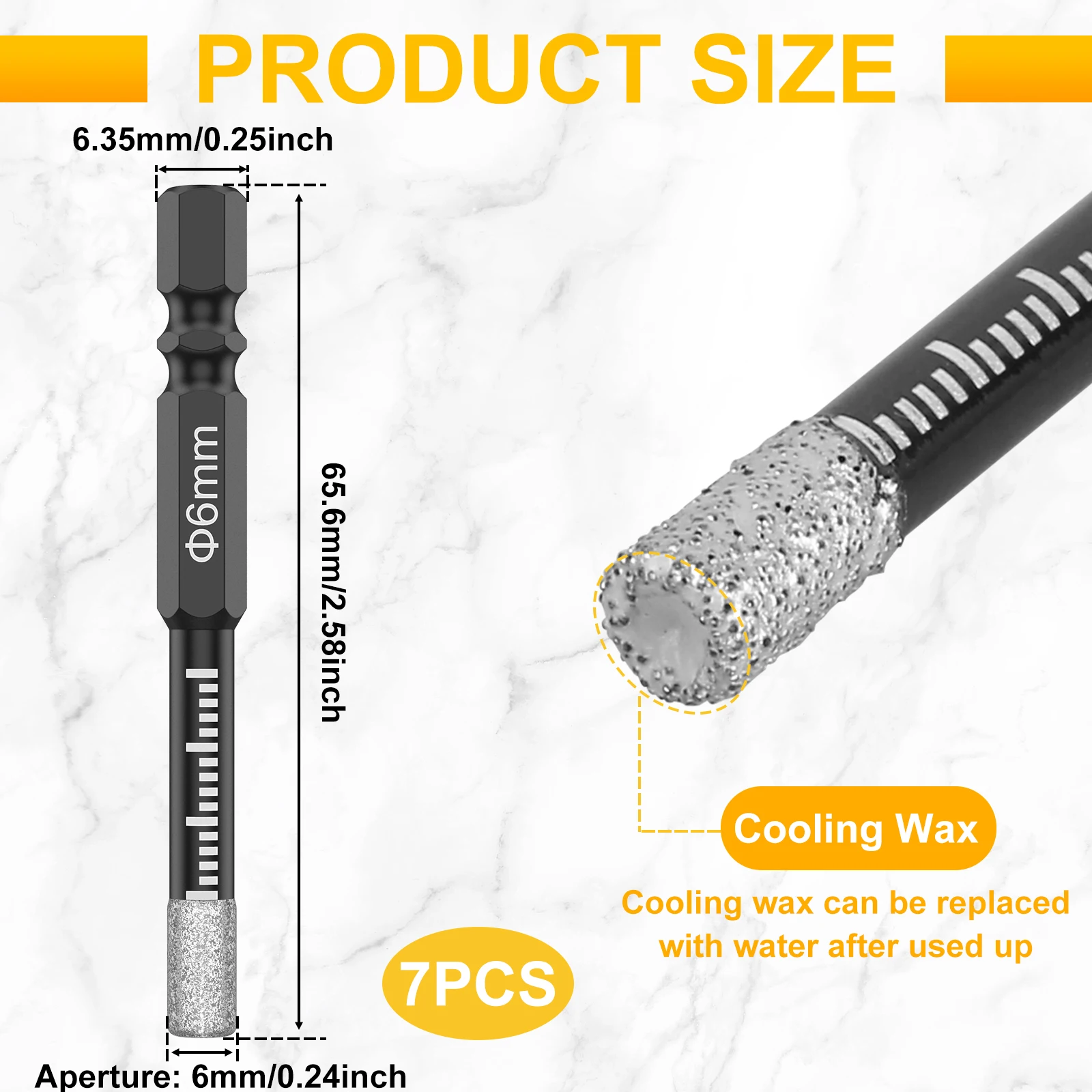 7 ชิ้น 6 มิลลิเมตรแห้งเพชรเจาะชุด Bits สูญญากาศ Brazed Core เจาะชุด Bit Quick Change Hex Shank สําหรับพอร์ซเลนหินแกรนิตกระเบื้องหินอ่อน
