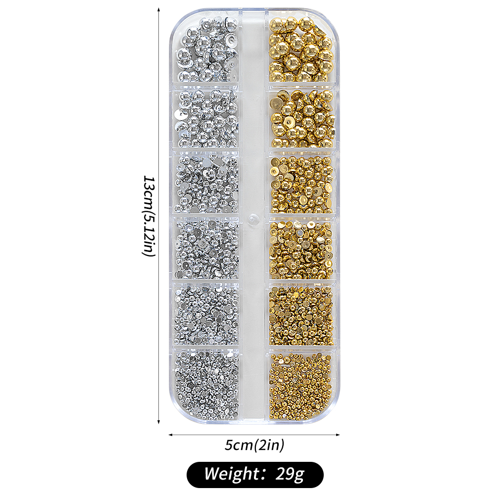 12Grid/box Gold Silver Half Round Caviar Bead Nail Charms 1/2/3/5mm Flatback Round Steel Nail Bead Micro Ball Manicure Bead
