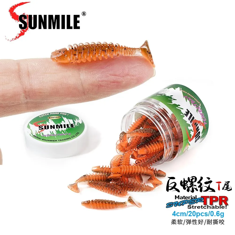 Sunmile isca macia de pesca, iscas artificiais de minhoca, 4cm/0.6g, 20 peças, wobblers de pesca em rocha, leurre souple, poleiro, truta, baixo