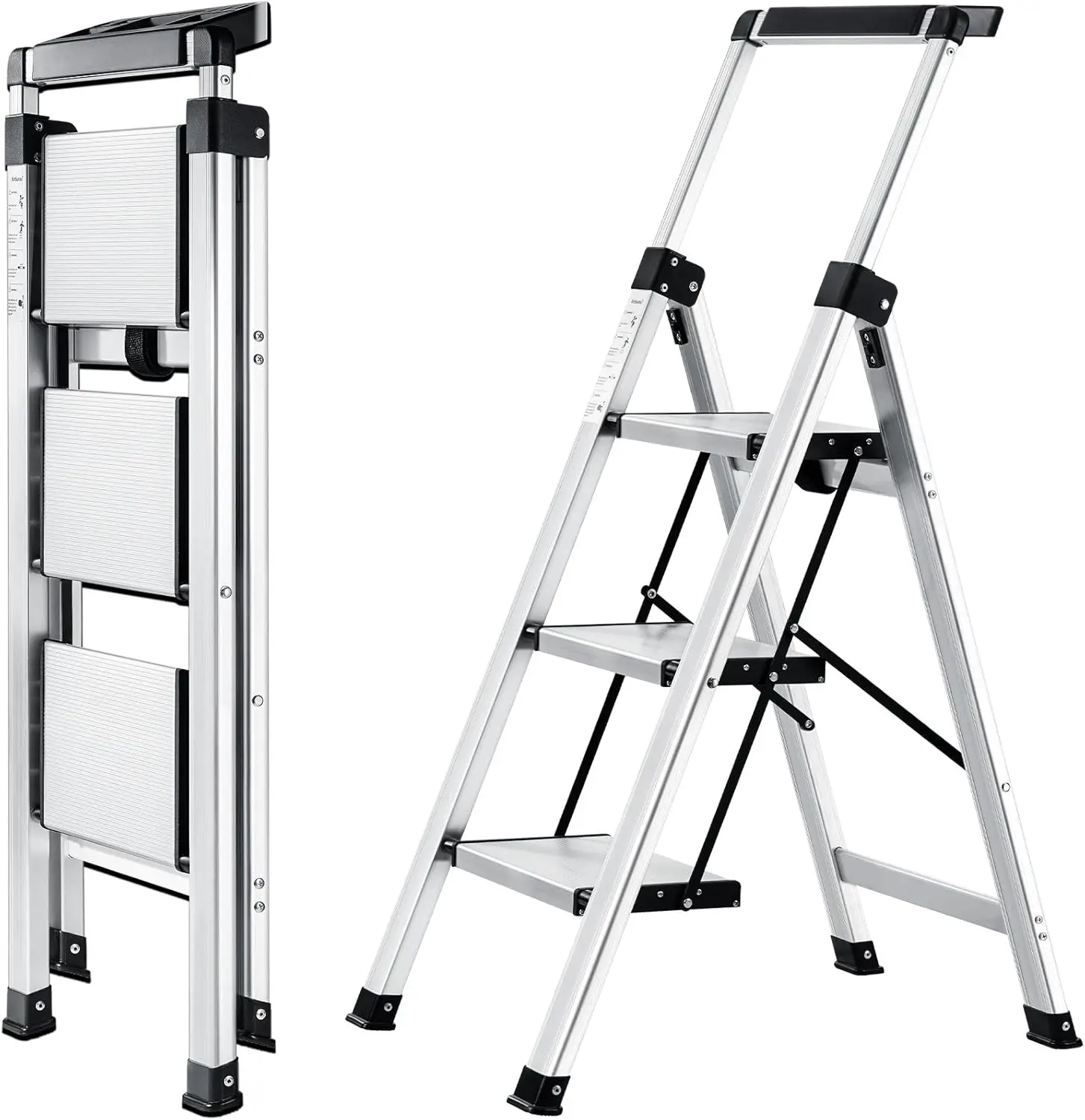 XinSunho Escalera 3 Peldaños Aluminio, Escalera Plegable con Pasamanos Extensible, Bandeja para Herramientas, Escalera de Tijera Antideslizante, Escalera Portátil para casa y Oficina, Carga Máx 150kg
