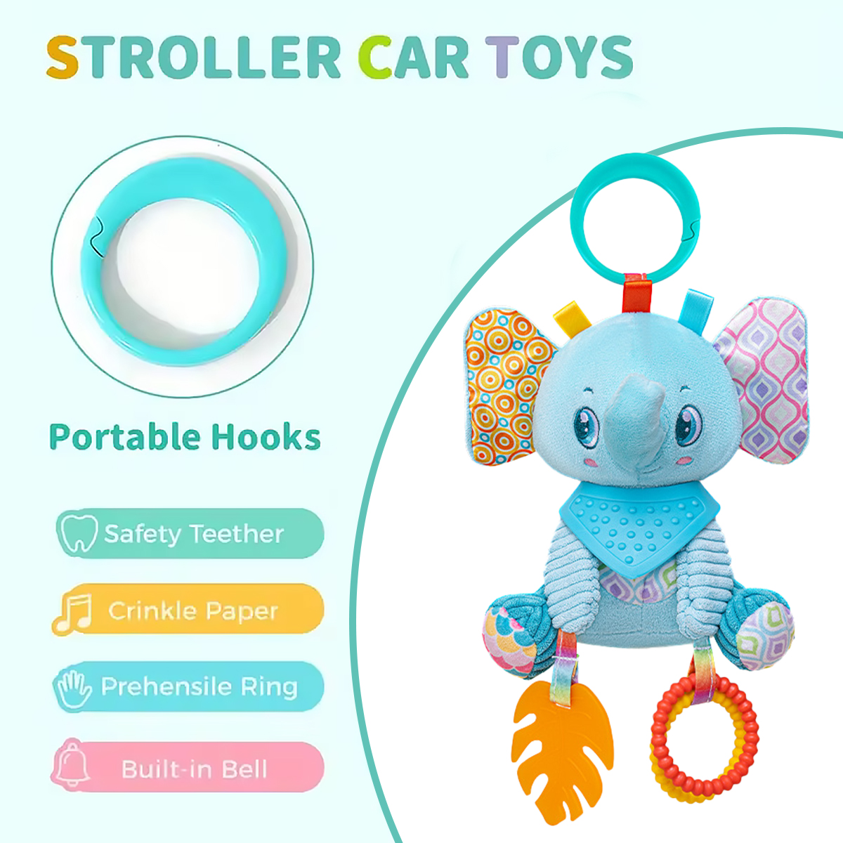 Soft Hanging Crinkle Squeaky Sensory LearningToy Stroller Car Seat Crib Travel Plush Animal Wind Chime with Teether Boys Girls