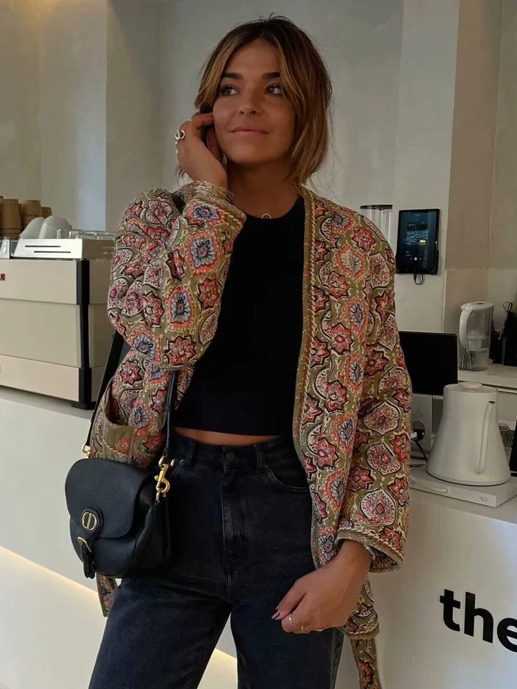 Bedrukte Gewatteerde Jassen Voor Dames 2024 Winter Dikke Warme Katoenen Bovenkleding Damesvest Met Veterjas Met Zak