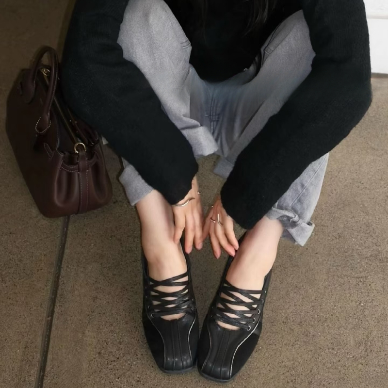 Zapatillas de ballet para mujer, zapatos informales retro con cordones de estilo de ballet coreano a la moda, cómodas zapatillas de ballet ligeras
