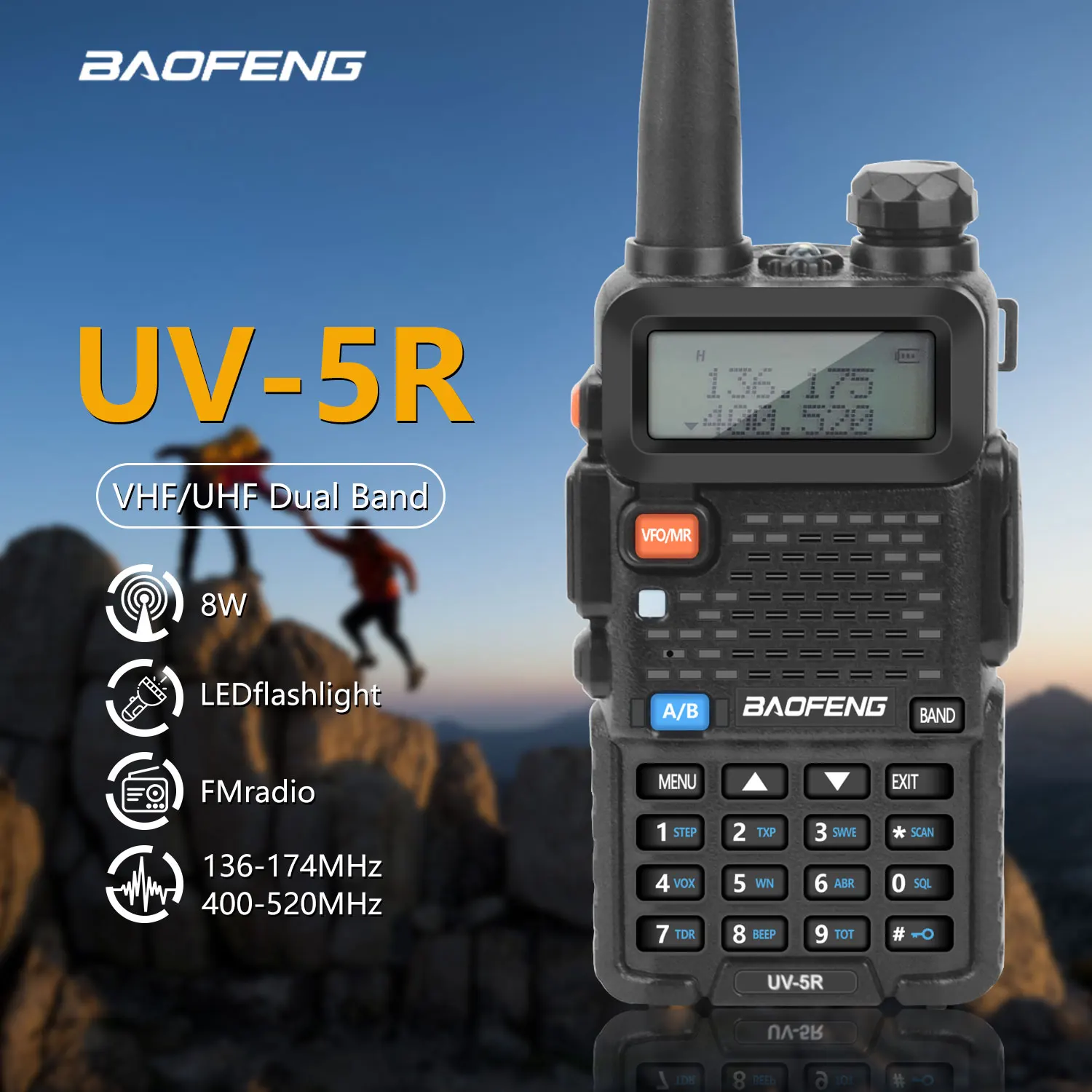 UV-5R 8W Baofeng Walkie Talkie FM 128ch VHF 136-174MHz UHF 400-520MHz linterna Vox de doble banda con auricular