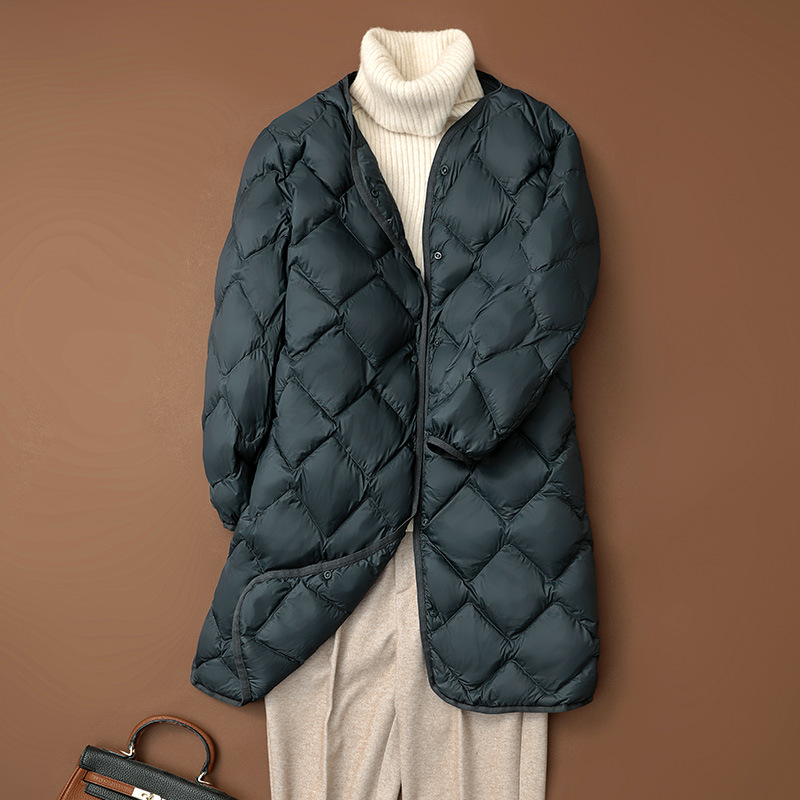 0-10 ℃ Abrigos de plumas de estilo coreano para mujer, chaquetas largas ultraligeras 90% de plumón de pato blanco, chaquetas de invierno acolchadas largas sin cuello
