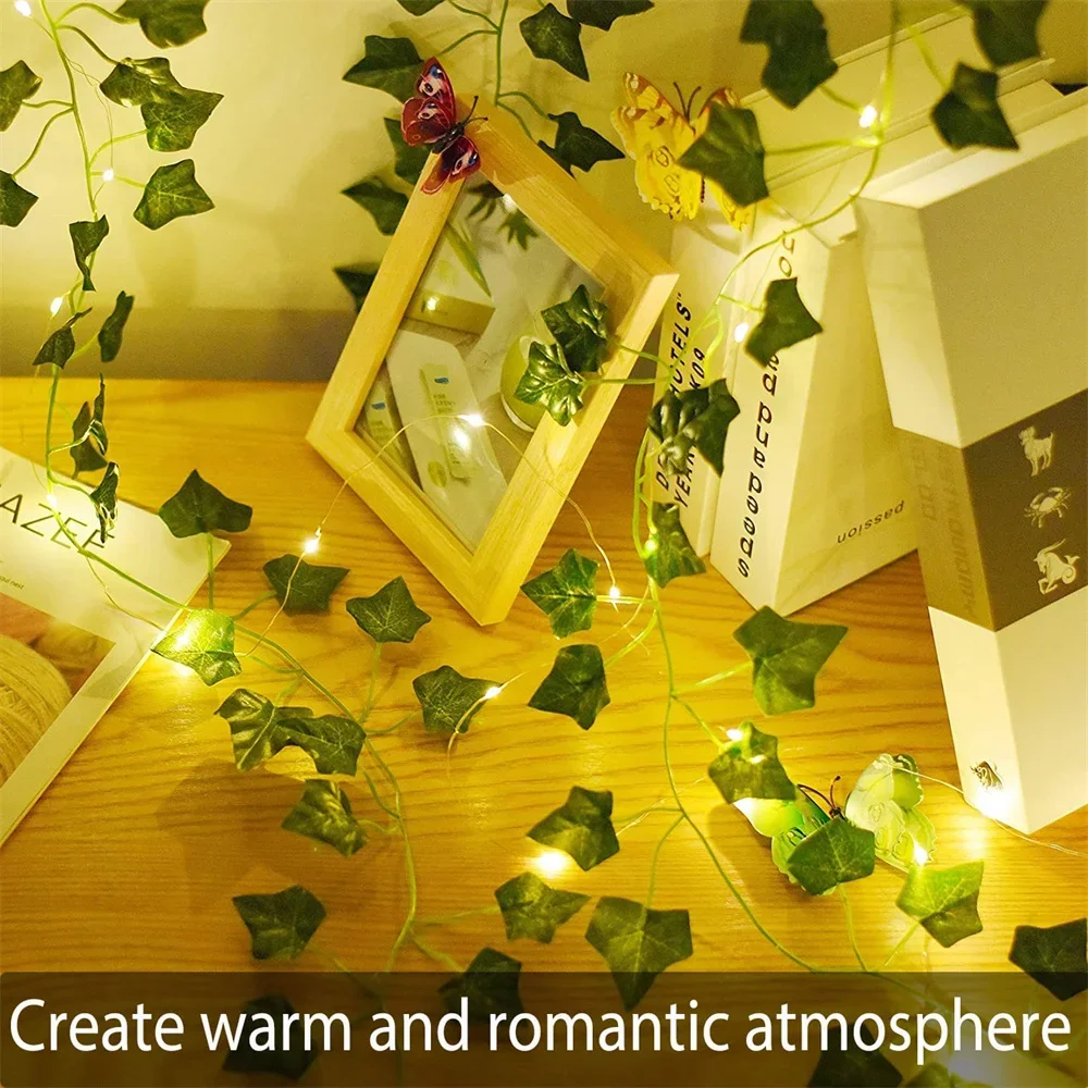 2M 20 LED สีเขียวใบพืชปลอม String Light แบตเตอรี่กันน้ํา Fairy String Light สําหรับ Wall House ตกแต่งคริสต์มาส