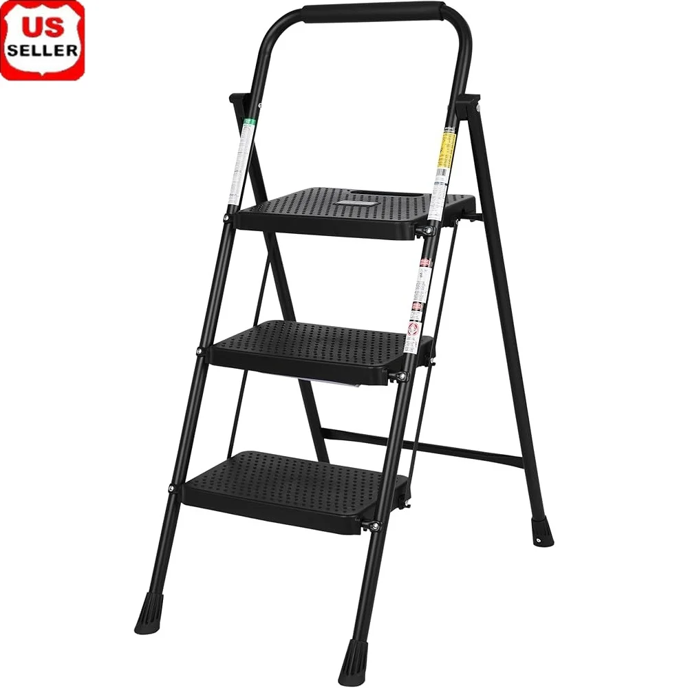 3-Step Folding Ladder 800lbs Capacity Non-Slip Wide Steps Handgrip ANSI Certified Lightweight Durable Portable Step Stool