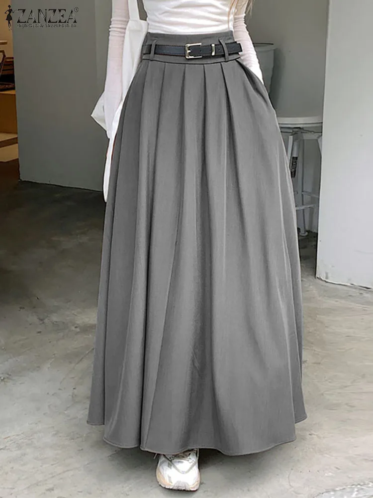 ZANZEA-Jupe2024 Falda de cintura alta para mujer, Falda de oficina Vintage, moda coreana, plisada, Swing, vacaciones, Maxi Falda Lisa suelta