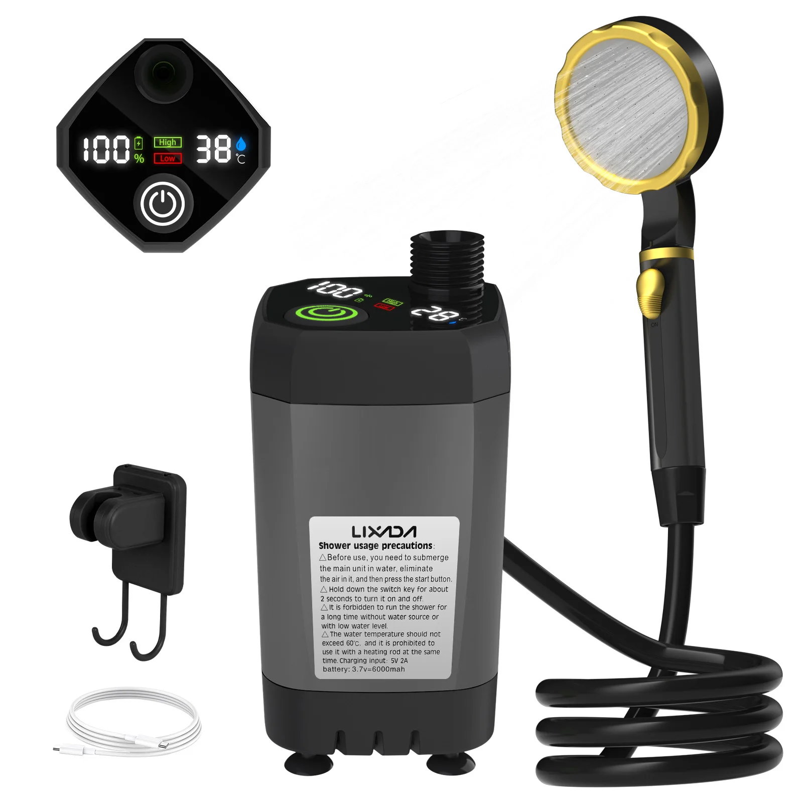 Pompa per doccia da campeggio Kit doccia per esterni per camper Doccia da campo con display digitale intelligente a schermo intero Kit doccia regolabile da 6000 mAh