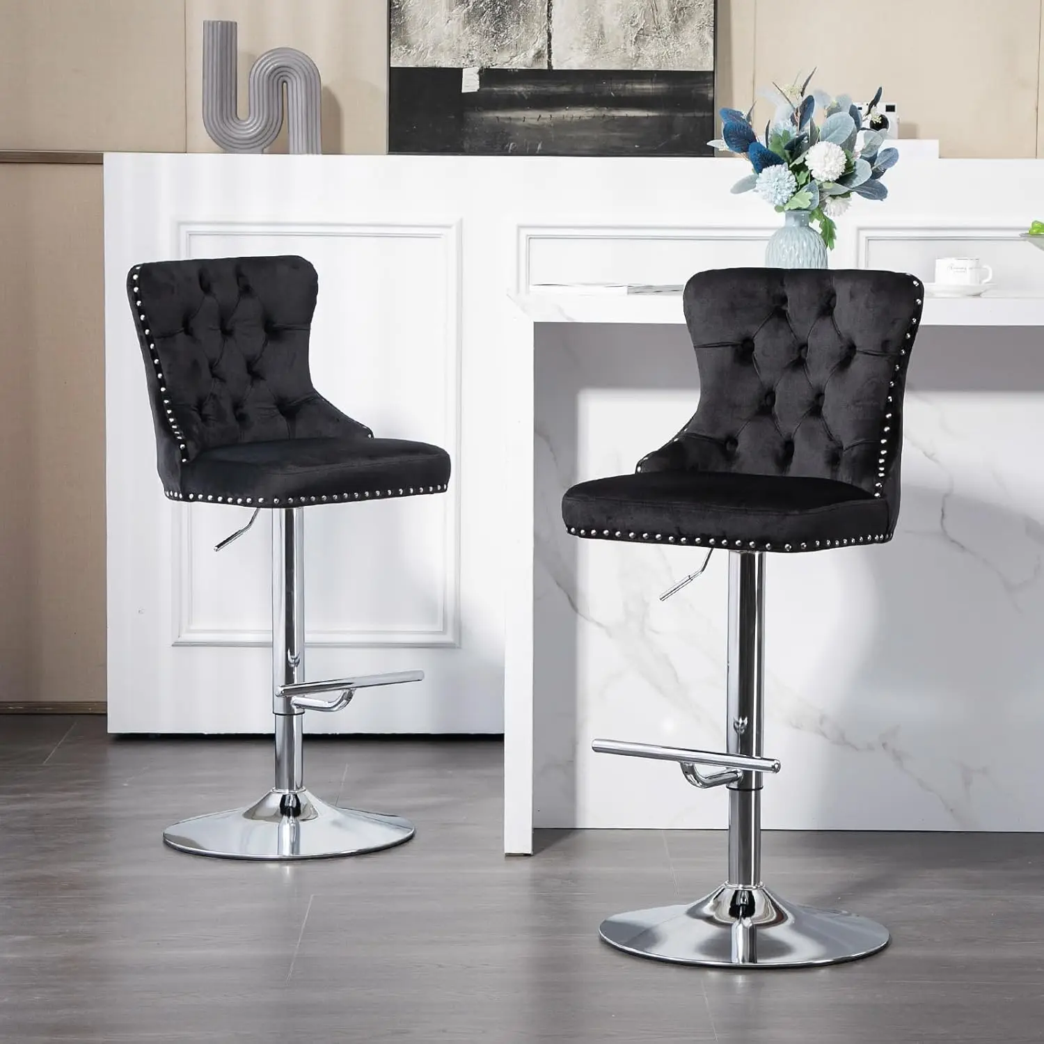 2 PCS Modern Swivel Bar Stools Velvet Adjustable Bar Chairs with Backs and Footrest Adjustable Barstools for Kitchen Club