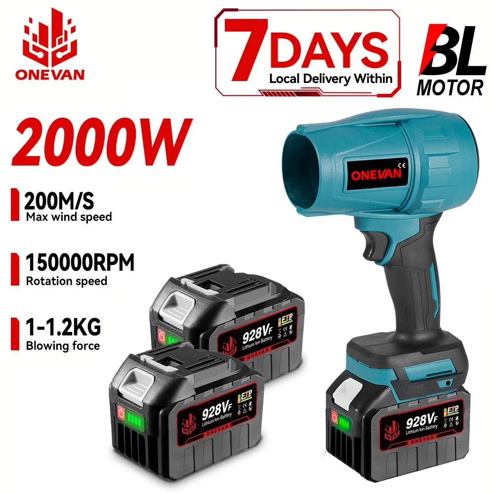 ONEVAN 2000 W 200 m/s bürstenloser elektrischer Turboventilator, kabelloser Laubluftgebläse, Strahlventilator, Schnee, Staubblasen, Elektrowerkzeug, passend für 18 V-Batterie
