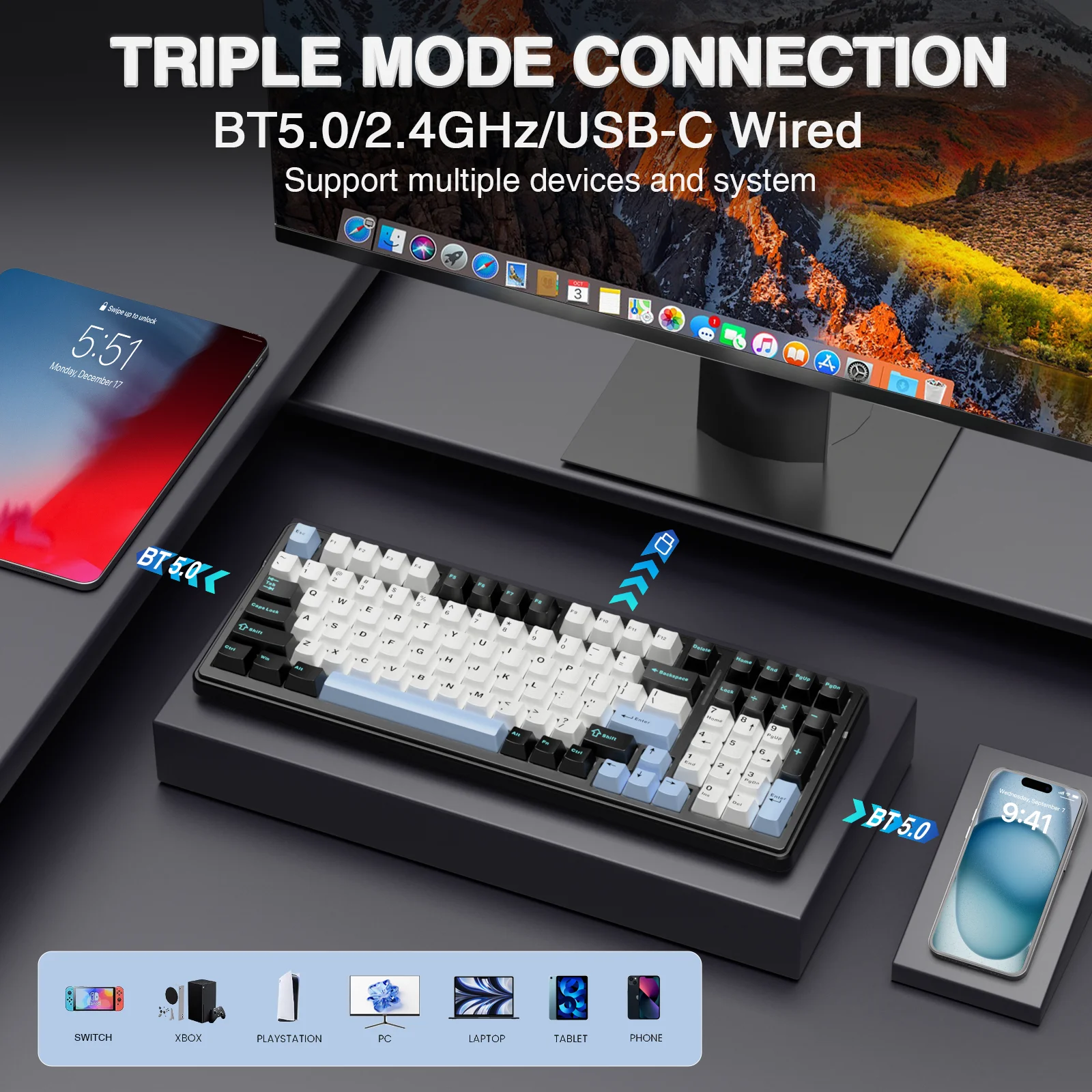 AULA-F99 Teclado mecânico para jogos, teclados personalizáveis, 5.0 2.4G, sem fio, com fio, montado na junta, 99 Keys