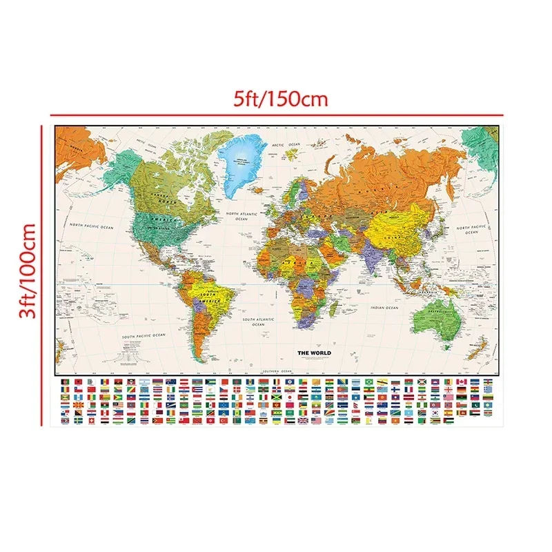 Mapa del mundo de 150x100cm, cuadro decorativo colgante, pintura, póster artístico de pared, tela no tejida, suministros educativos para niños