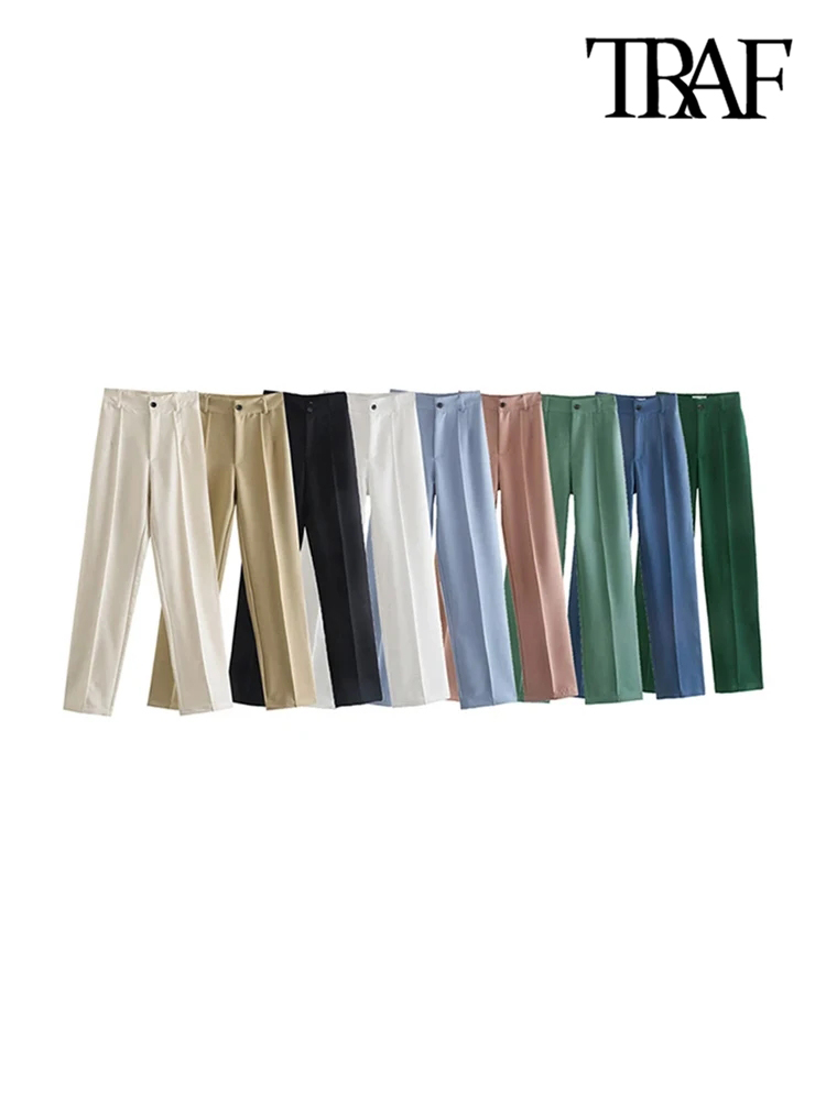 Traf feminino chique moda escritório usar calças retas vintage cintura alta zíper voar calças femininas mujer
