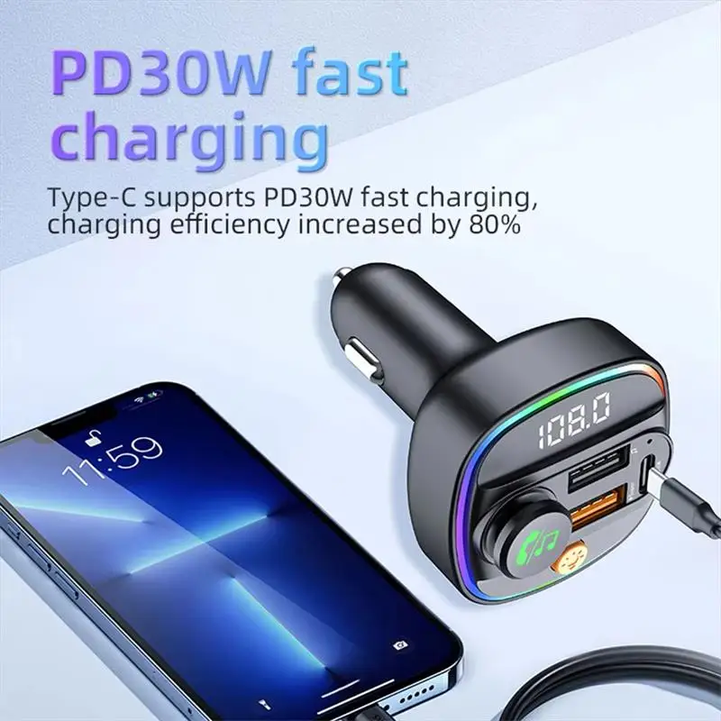 Bluetooth 5.3 Car FM Transmitter Hands-Free Car AUX Radio Modulator MP3 Player with Fast Charging Adapter Auto Accessories
