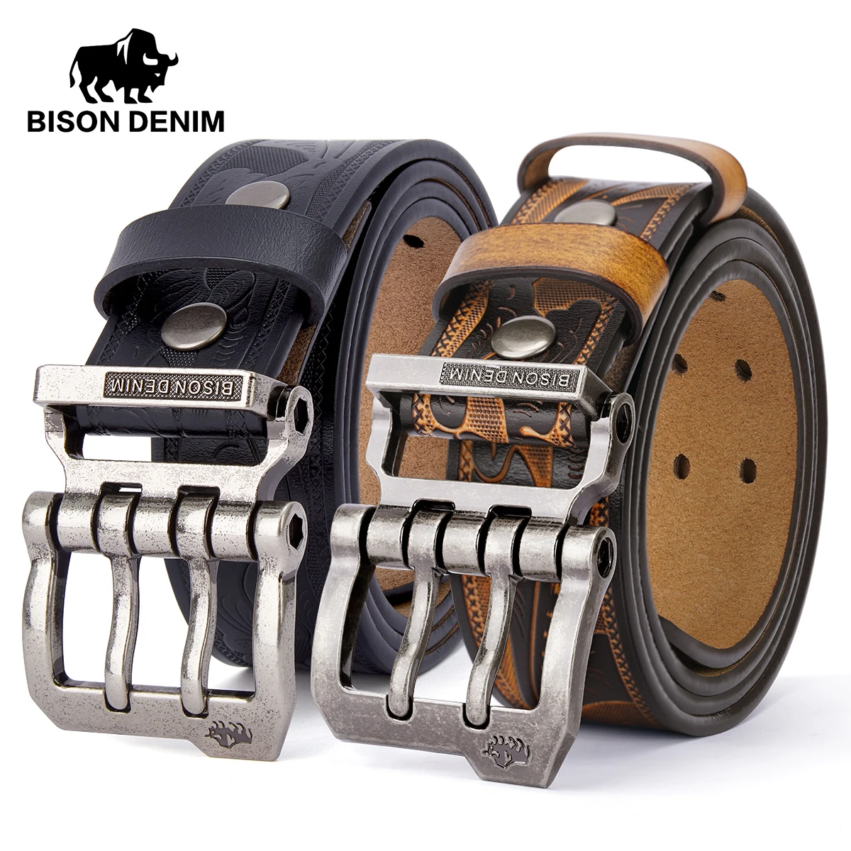 2024 BISON DENIM Men Belts Cow Split Genuine Leather Pin Buckle Business Waist Straps Retro Pin Buckle Fancy Male Belt For Jeans