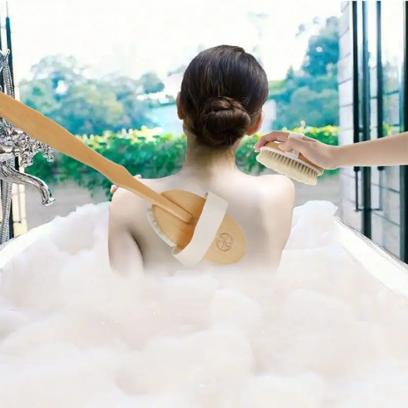 ขนแปรงธรรมชาติยาวด้ามไม้ผิวแห้ง Exfoliating แปรงอาบน้ํากลับ Scrubber ที่ถอดออกได้นวดอุปกรณ์ทําความสะอาด