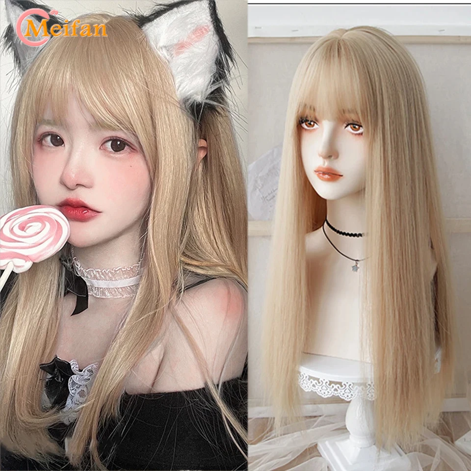 Meifan sintético longo reto peruca cosplay com franja peruca menina coreano bonito rosa loira preto festa de halloween lolita peruca