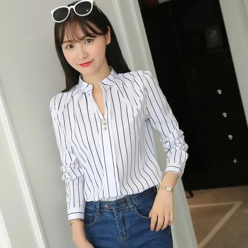 女性白トップスブラウスファッションストライププリントカジュアル長袖オフィスレディ OL シャツスリム Blusas DF4970